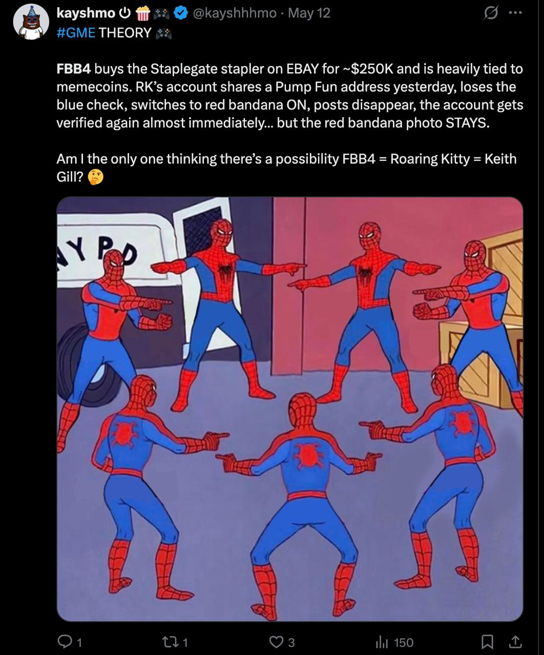 Tweet by @kayshhhmo laying out the Staplegate theory that FBB4 is Roaring Kitty, with a circle of pointing Spider-Men