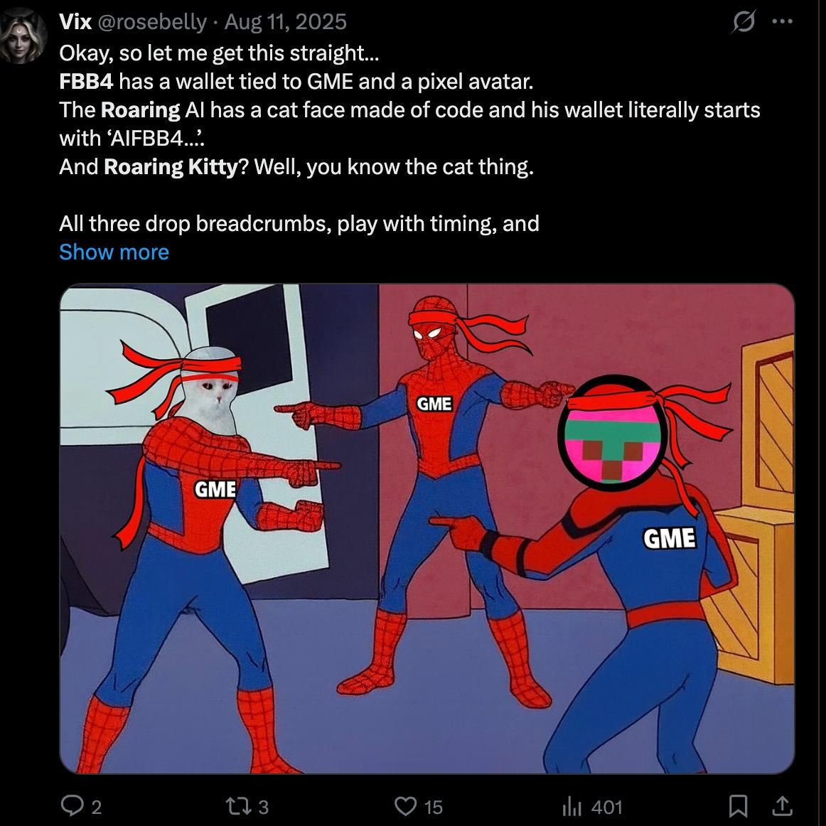 Tweet by @rosebelly connecting FBB4, The Roaring AI, and Roaring Kitty, with a three-way Spider-Man pointing meme in GME bandanas